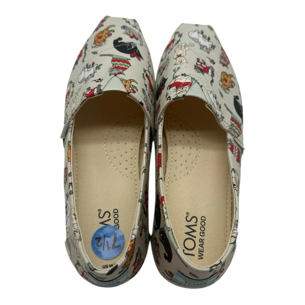 Toms Belmont Christmas Cats Shoes Womens 7.5 Gray Holiday‎ Slip On Shoes